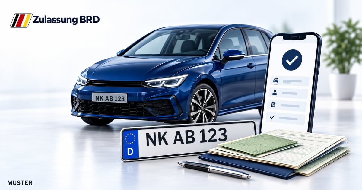 Online Fahrzeugzulassung in Schiffweiler: Musterkennzeichen NK AB 123, Auto und Fahrzeugpapiere und Smartphone. Illustration mit Logo von Zulassung BRD.